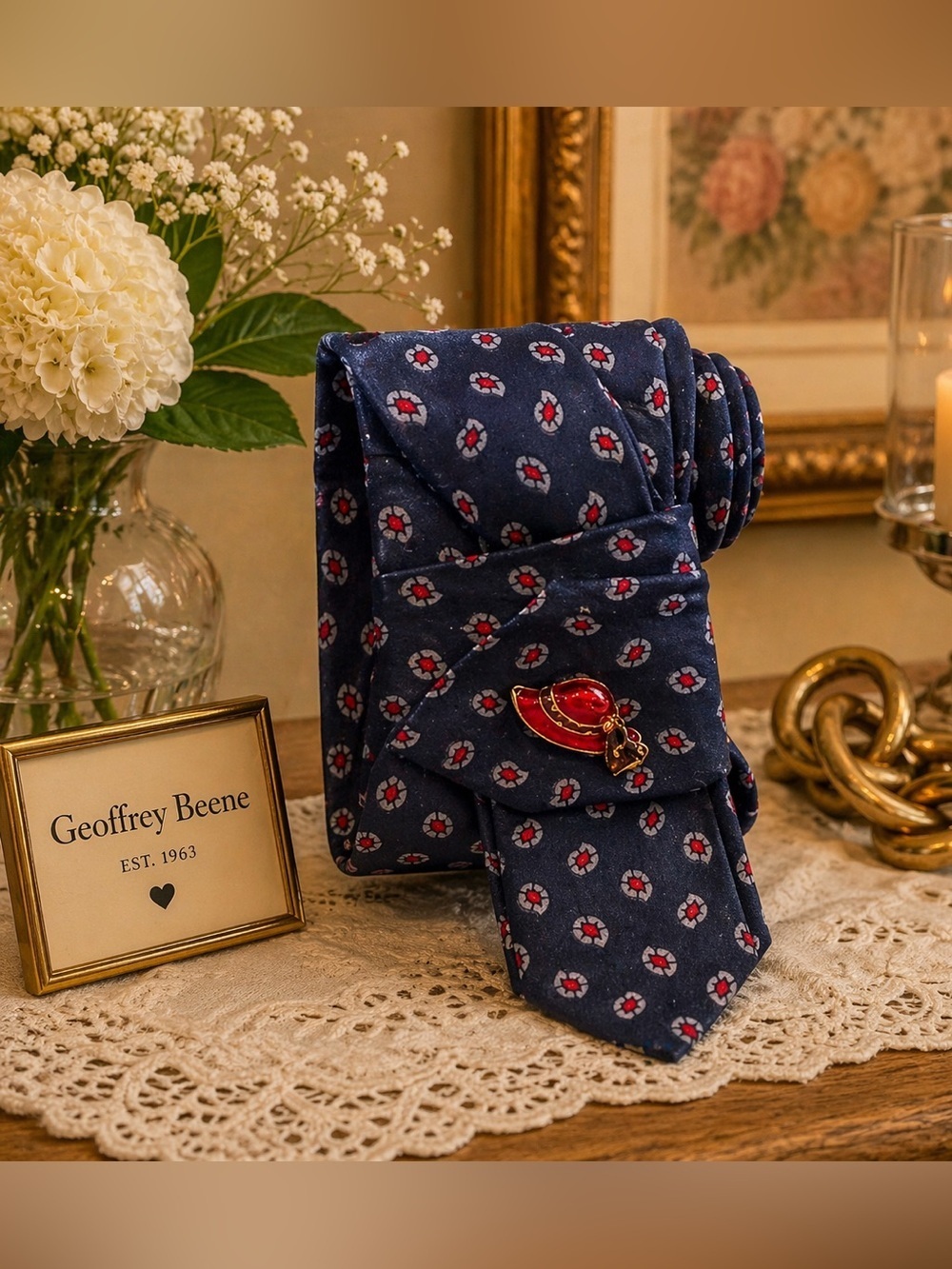 Geoffrey Beene Navy Tie with Red Floral Pattern with red hat brooch
